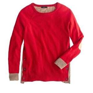 J. Crew Colorblock Red & Tan Side-Button Crewneck Sweater w/ Elbow Patches • XS